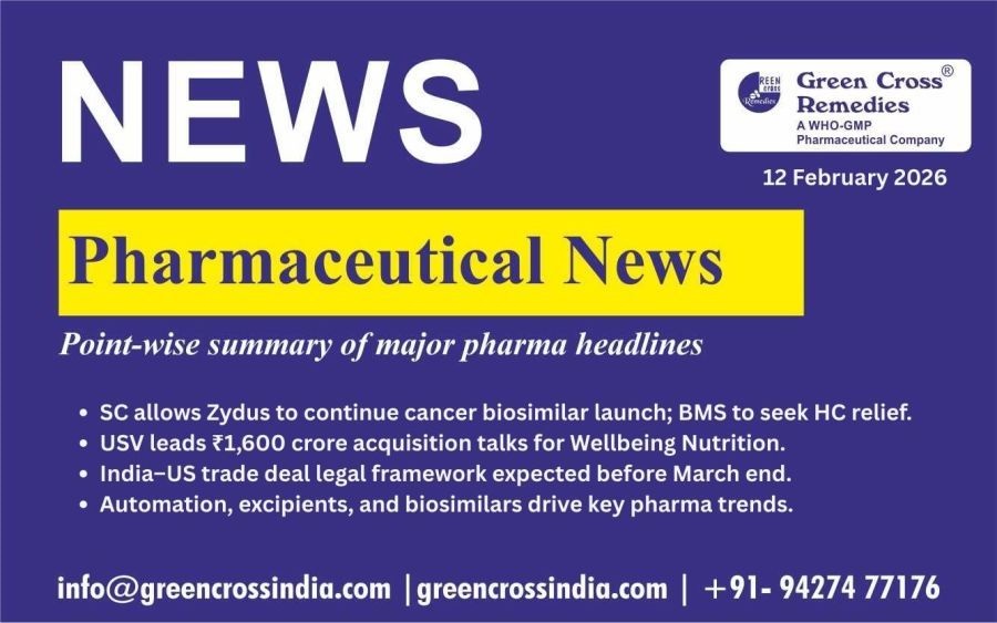 pharma news- 12-feb-2026 - SC allows Zydus to continue cancer biosimilar launch; BMS to seek HC relief. USV leads 1,600 crore acquisition–US trade deal l
