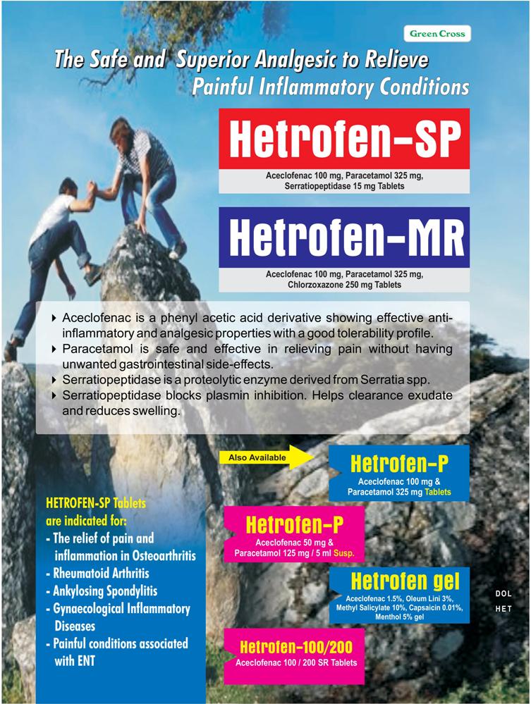 Aceclofenac 100 mg, Paracetamol 325 mg, Serratiopeptidase (EC) 15 mg Tablet - HETROFEN SP Tablet