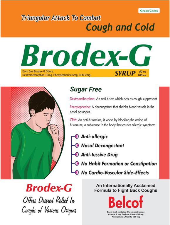 BRODEX G Syrup - Dextromethorphan, Phenylepherine, Chlorpheniramine Maleate Cough Syrup