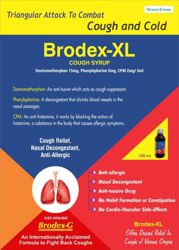 BRODEX XL Syrup - Dextromethorphan, Phenylepherine 5 mg, Chlorpheniramine Maleate (CPM) per 5 ml Dry Cough Syrup
