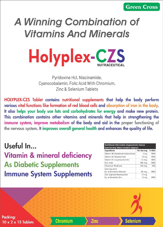 Holyplex CZS Tablet - Vitamin B6, Vitamin B3, Vitamin B 12, Folic acid, Chromium, Selenium, Zinc Tablet