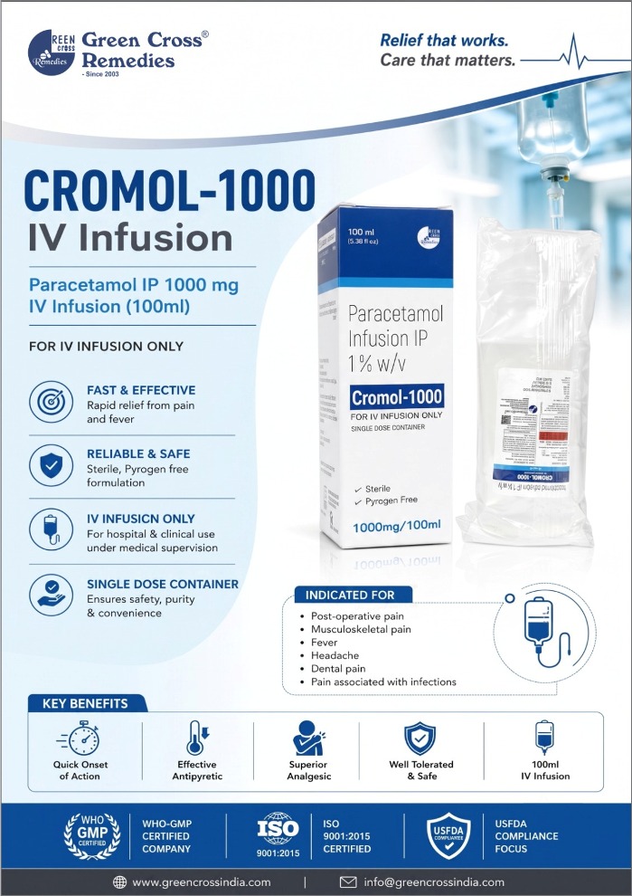 Paracetamol IP 1000 mg IV Infusion - CROMOL 1000 IV Infusion