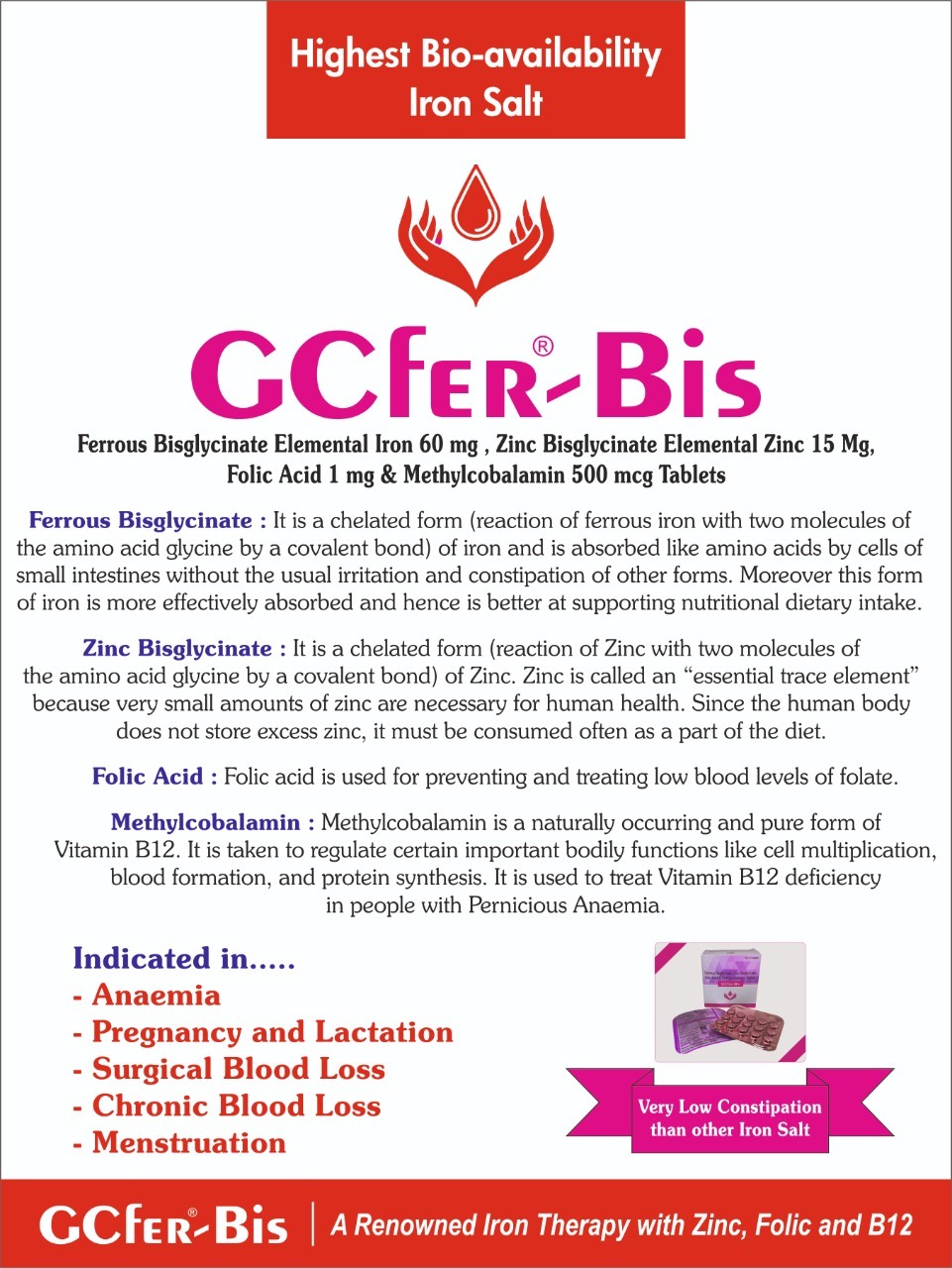 GCFER BIS TABLET - Ferrous Bisglycinate,Zinc bisglycinate,Folic Acid,Methylcobalamin Tablet